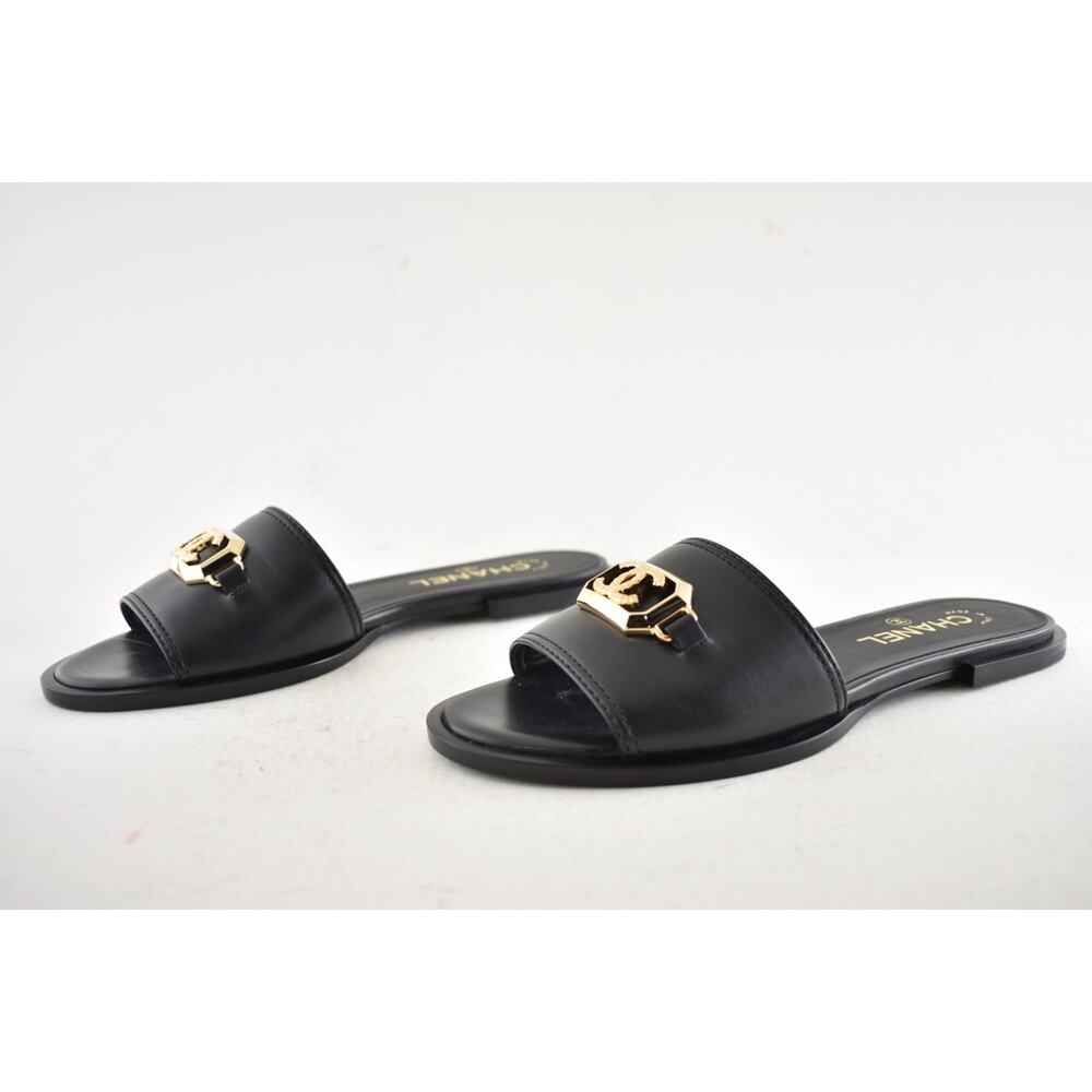 Chanel 23B Black Shiny Calfskin Leather Gold CC Logo Mule Slides Sandals Flat 38 - Picture 15 of 16